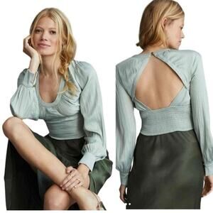 Anthropologie NEW Large Blouson Sleeve Satin Open Back Blouse Mint Green V Neck‎